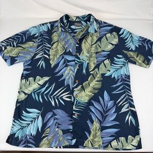 St Johns Bay Shirt Mens XL Blue/Green  Silk Hawaiian Floral Button Up‎ Casual